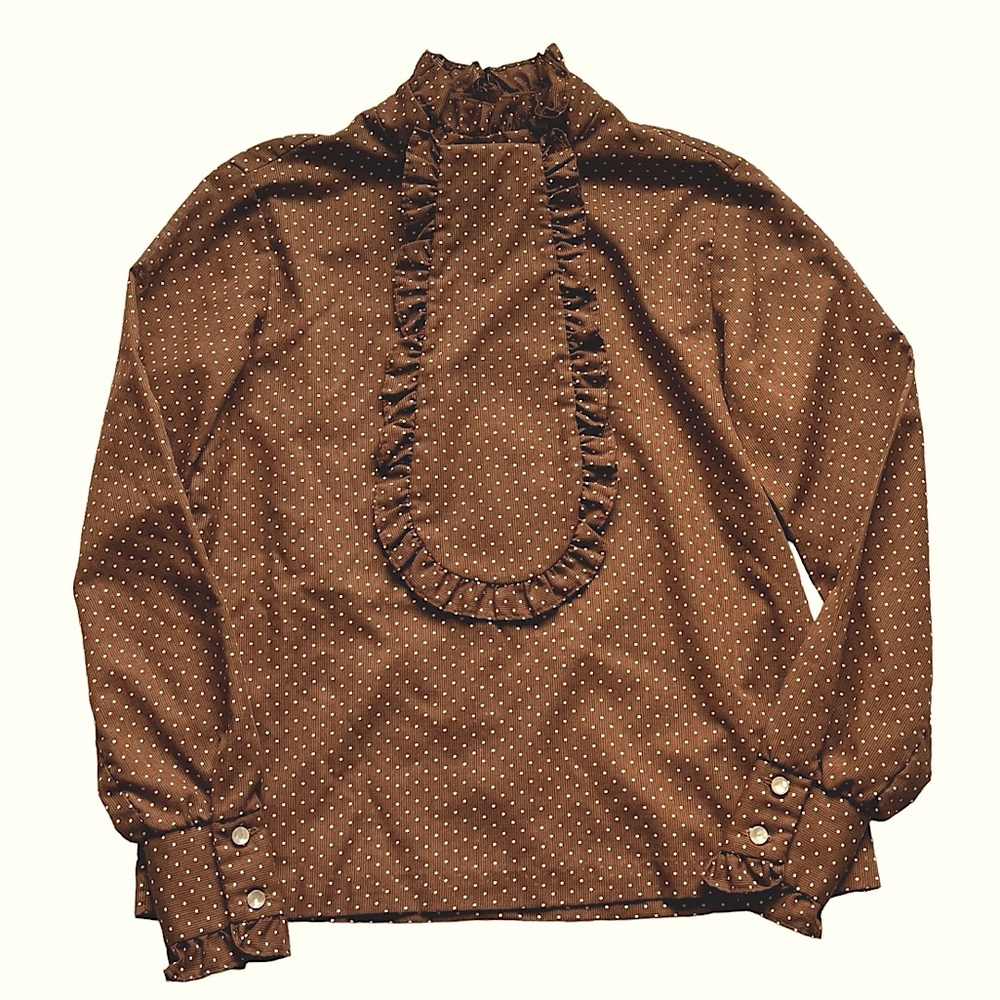 Vintage 60’s Glenbrooke Ruffle Neck Brown Polka Dot Sheer Blouse Size L